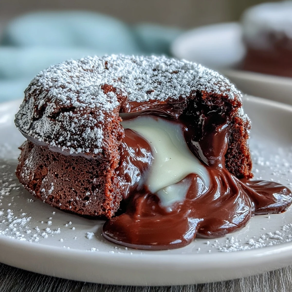 Warm Hojicha Lava Cake on a plate, ready to be served with vanilla ice cream.