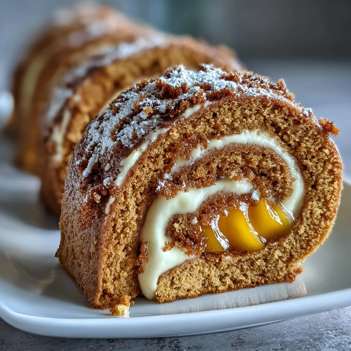 A Hojicha Roll Cake with a toasted hojicha cream swirl, served on a white plate with a dusting of powder.