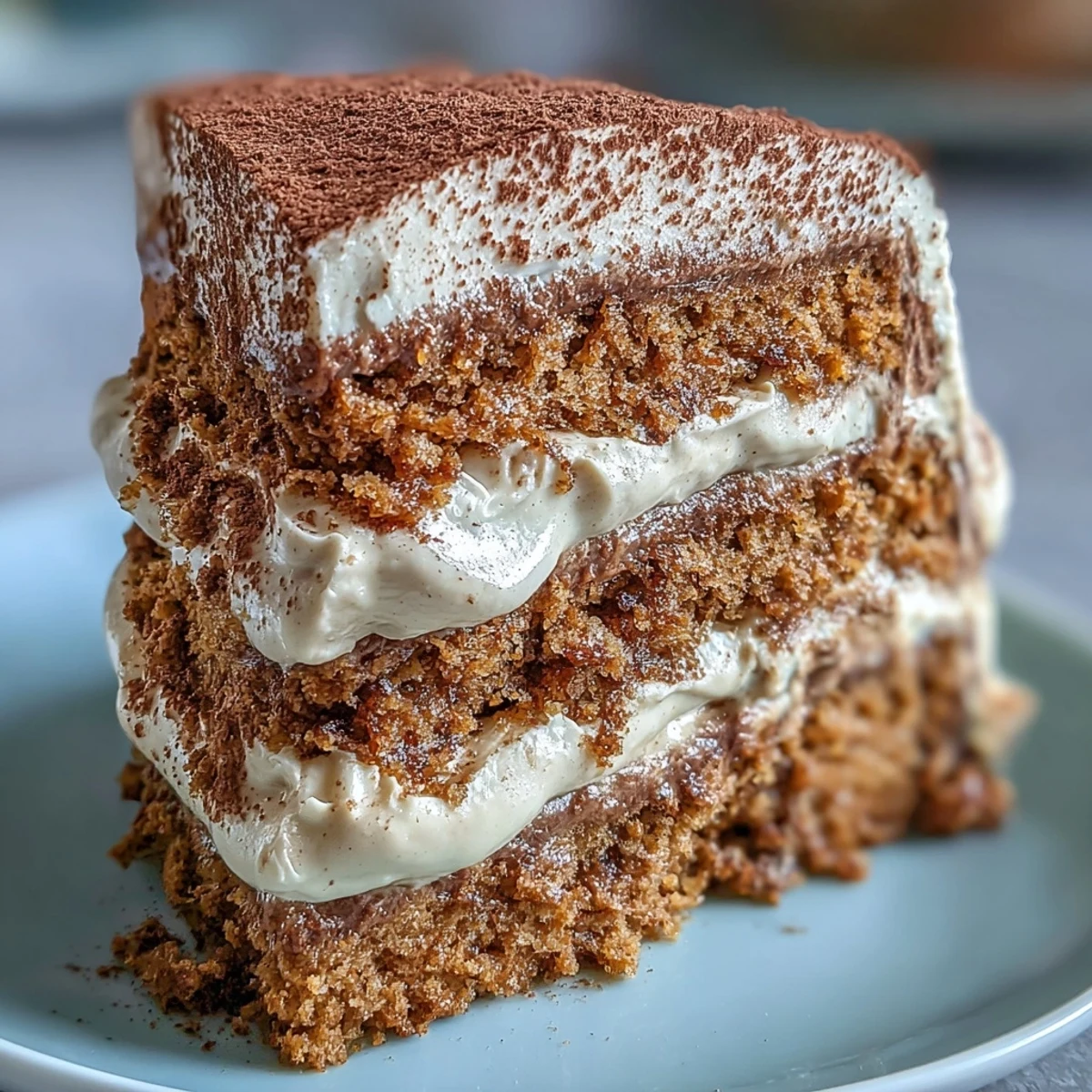 Fluffy Hojicha Cake slice showing airy genoise sponge layers and rich roasted tea whipped cream frosting.