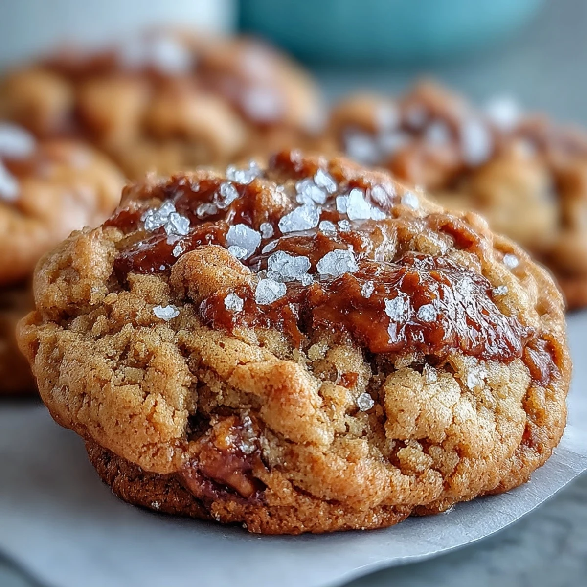 Warm Hojicha Brown Butter Cookies are stacked high on a rustic wooden board.
