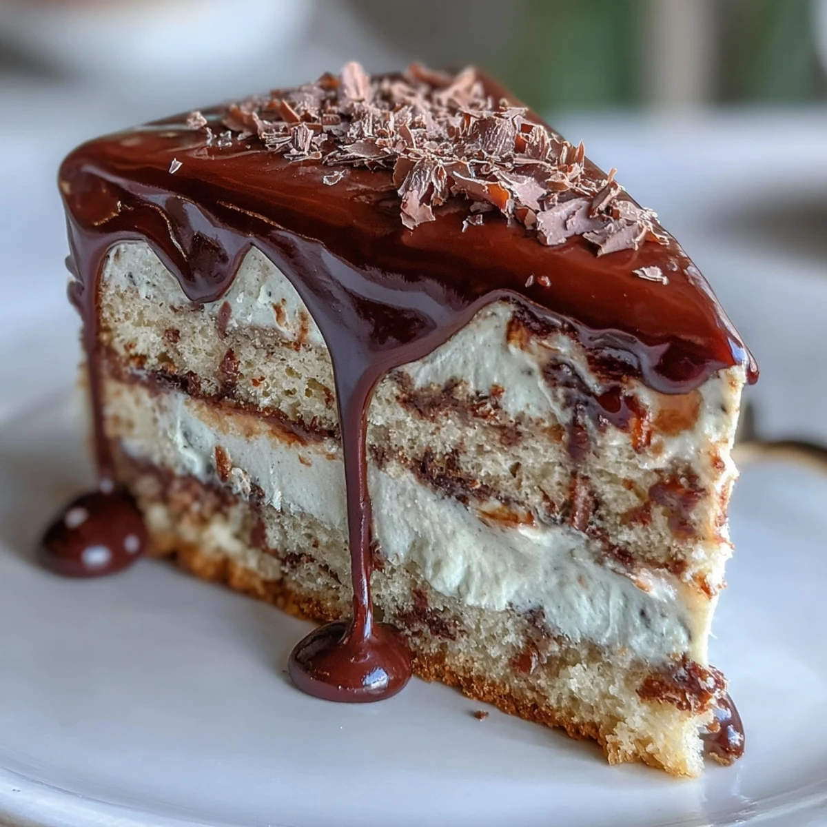 Tall Hojicha Butter Cream Cake slices showing layered sponge, green tea frosting, and glossy chocolate ganache drizzle.