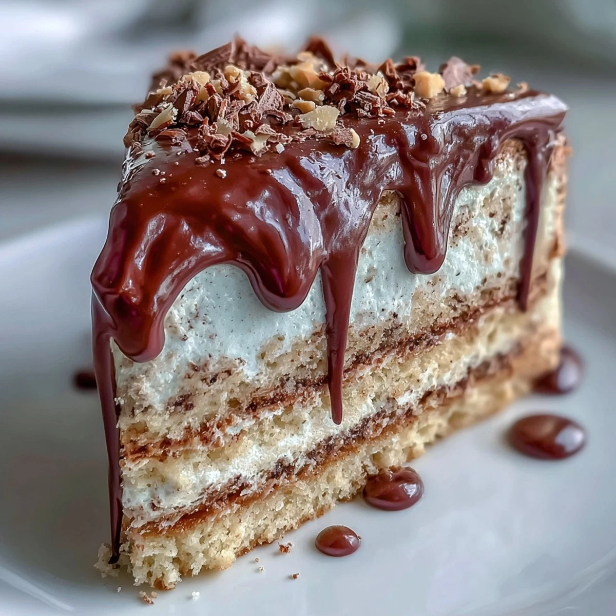 A moist Hojicha Butter Cream Cake revealing rich roasted tea buttercream and smooth ganache on a white plate.