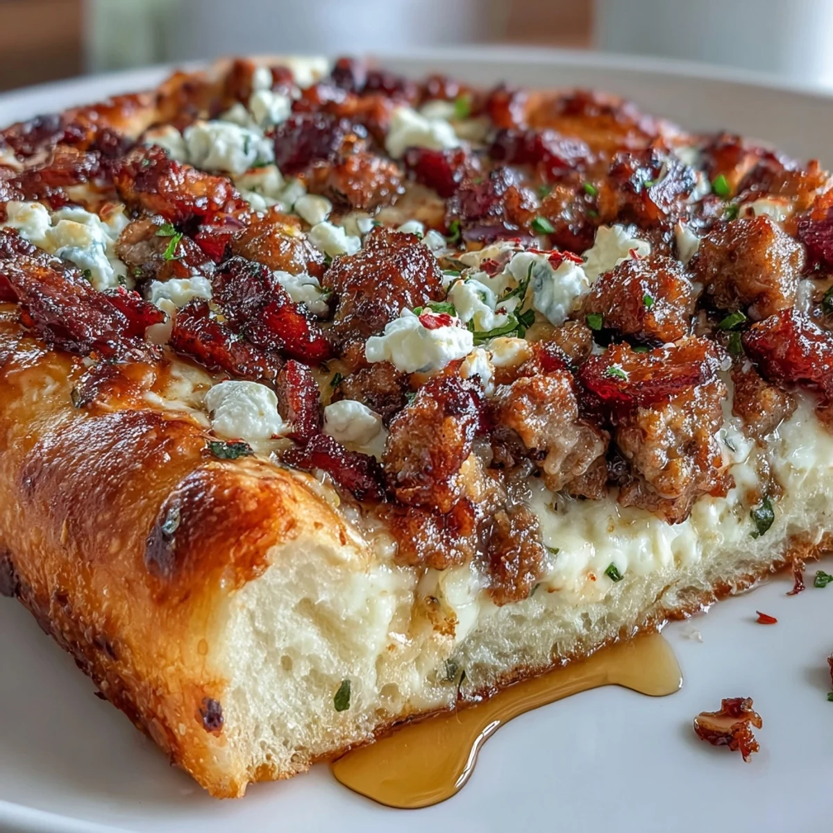 Freshly baked Hot Sausage Feta Honey Pizza with golden bubbling mozzarella and crumbled feta cheese.