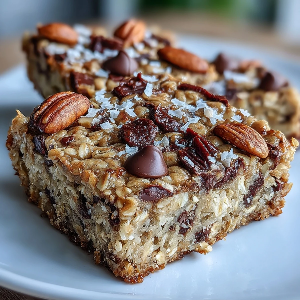 Freshly baked Baked Oatmeal Bars with melted chocolate chips and toasted banana slices cooling on a wire rack.