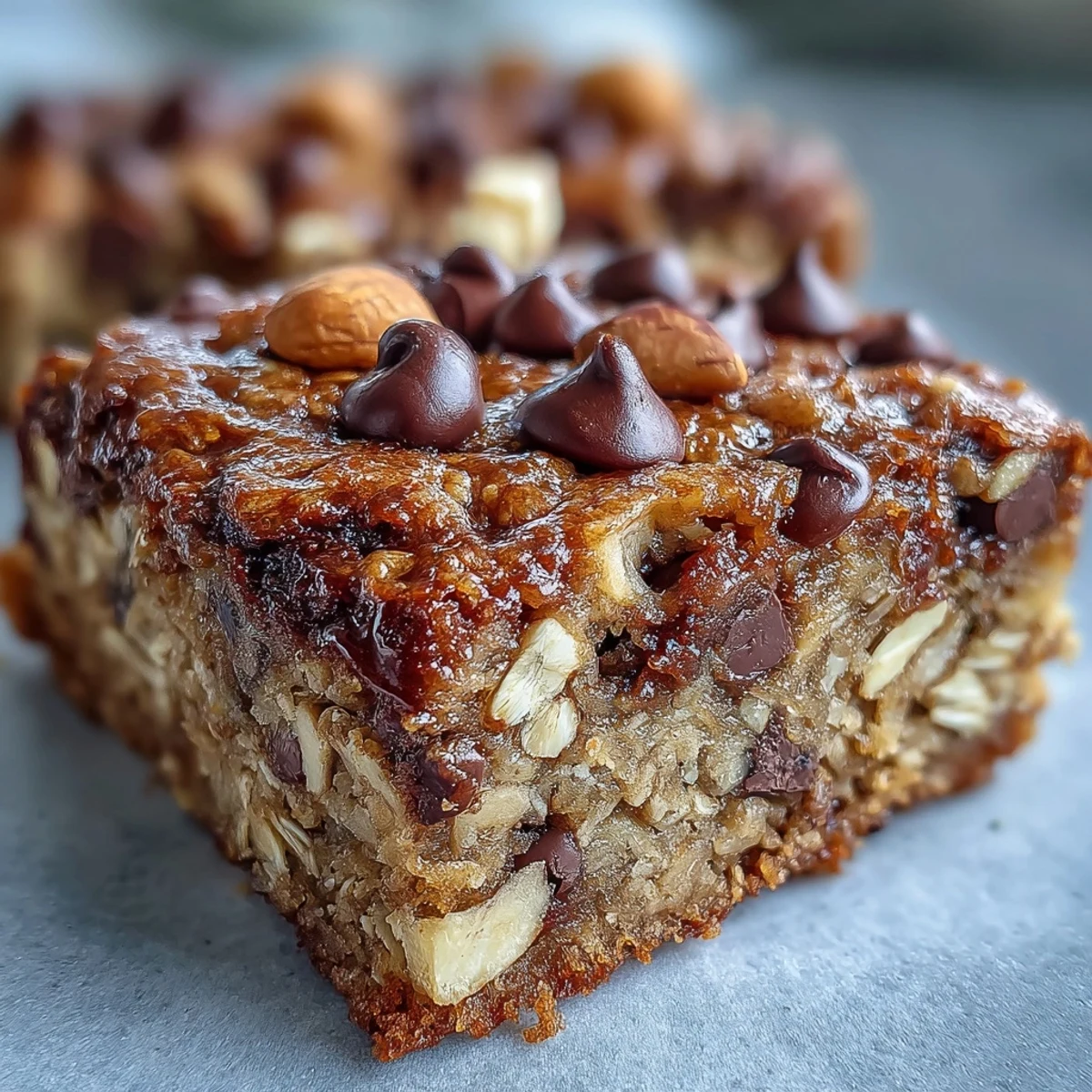 Homemade Baked Oatmeal Bars with a chewy texture, drizzled with maple syrup and served with a glass of almond milk.
