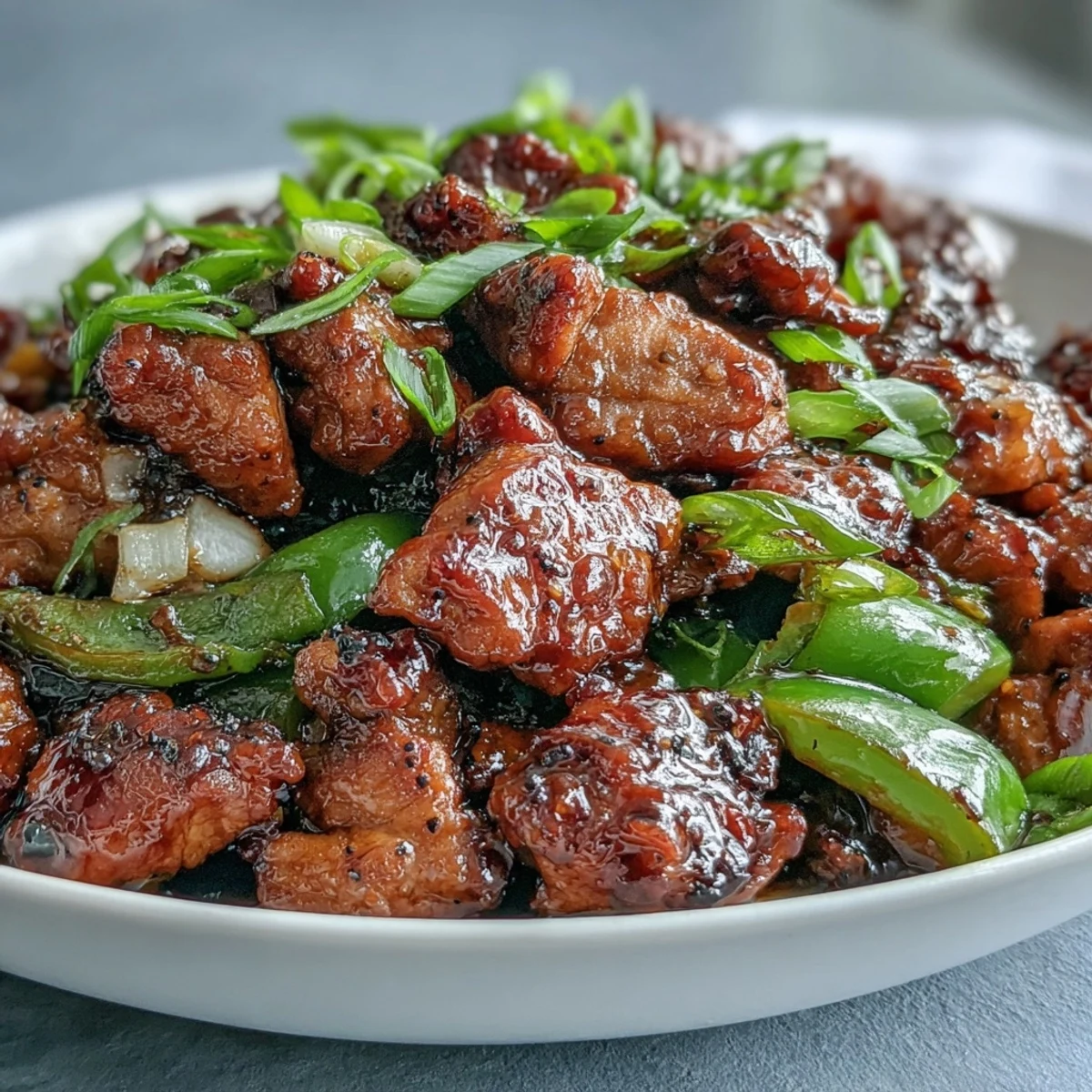 Tender Black Pepper Chicken pieces and crisp bell peppers served over fluffy white rice.