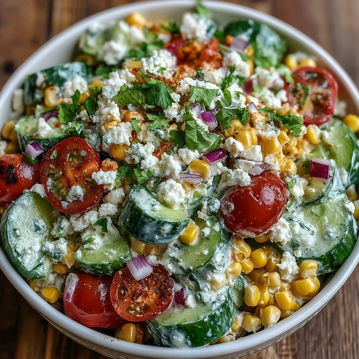 Vibrant Street Corn Creamy Cucumber Salad in a white bowl with crumbled feta, ripe cherry tomatoes, and fresh cilantro.