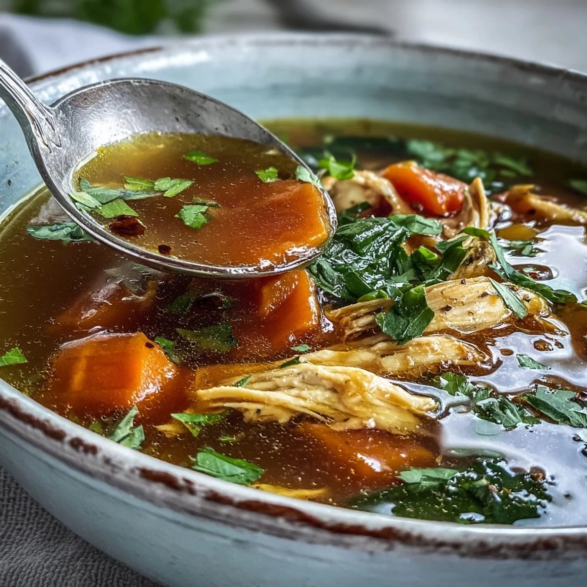 Close-up of Anti-Inflammatory Turmeric Chicken Soup with carrots, celery, and a swirl of coconut milk.