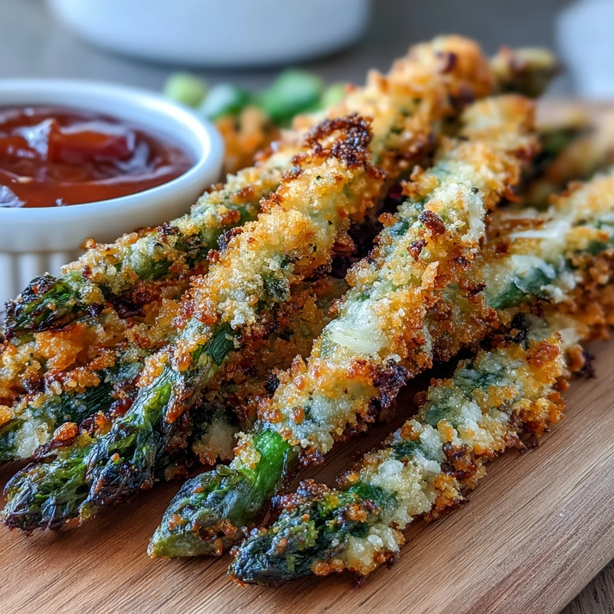 Crispy Chili-Garlic Asparagus Fries on a plate, golden-brown and topped with fresh parsley. The side of creamy sriracha mayo dip adds a spicy kick, perfect for snacking or game day.