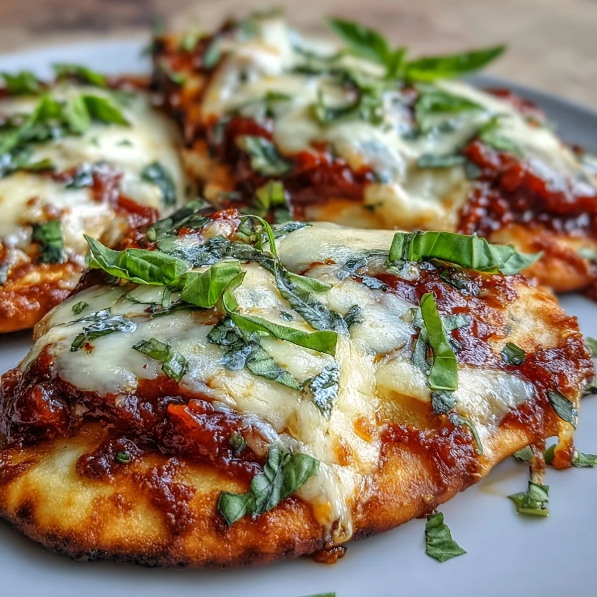 Perfectly baked Garlic Naan Margherita Pizzas sliced into wedges, revealing a cheesy interior and crispy, garlic-butter brushed edges ready to serve.