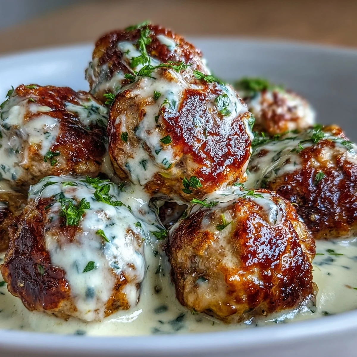 Freshly baked Creamy Garlic Ranch Turkey Meatballs glazed in a rich, garlicky cream sauce served over mashed potatoes.