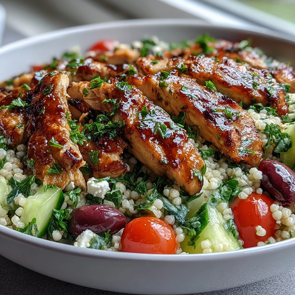 Freshly grilled lemon-feta chicken strips are layered over a vibrant Mediterranean Pearl Couscous Chicken Bowl with tomatoes, cucumbers, and olives.