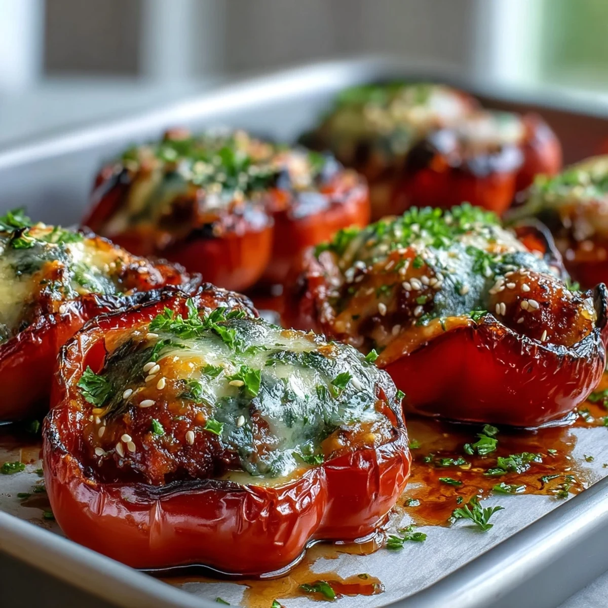 Close-up of Korean-Style Turkey Stuffed Sweet Peppers showing juicy filling, gooey cheese, and fresh herbs.