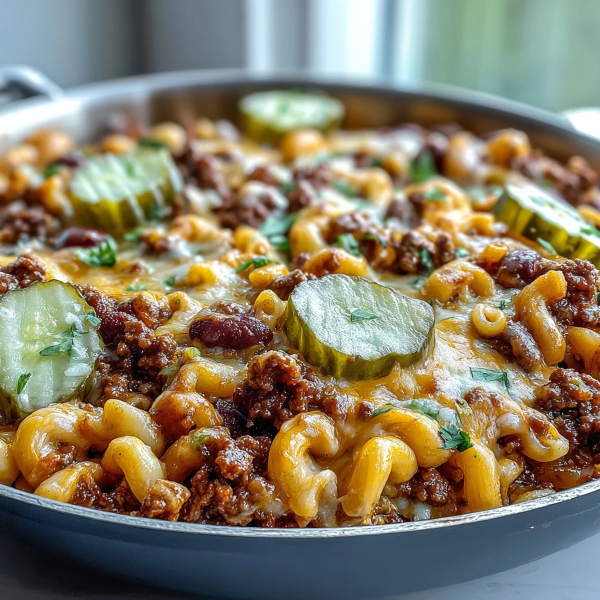Golden One-Pan Cheeseburger Chili Mac with melted cheddar, chopped pickles, and a steamy skillet finish.