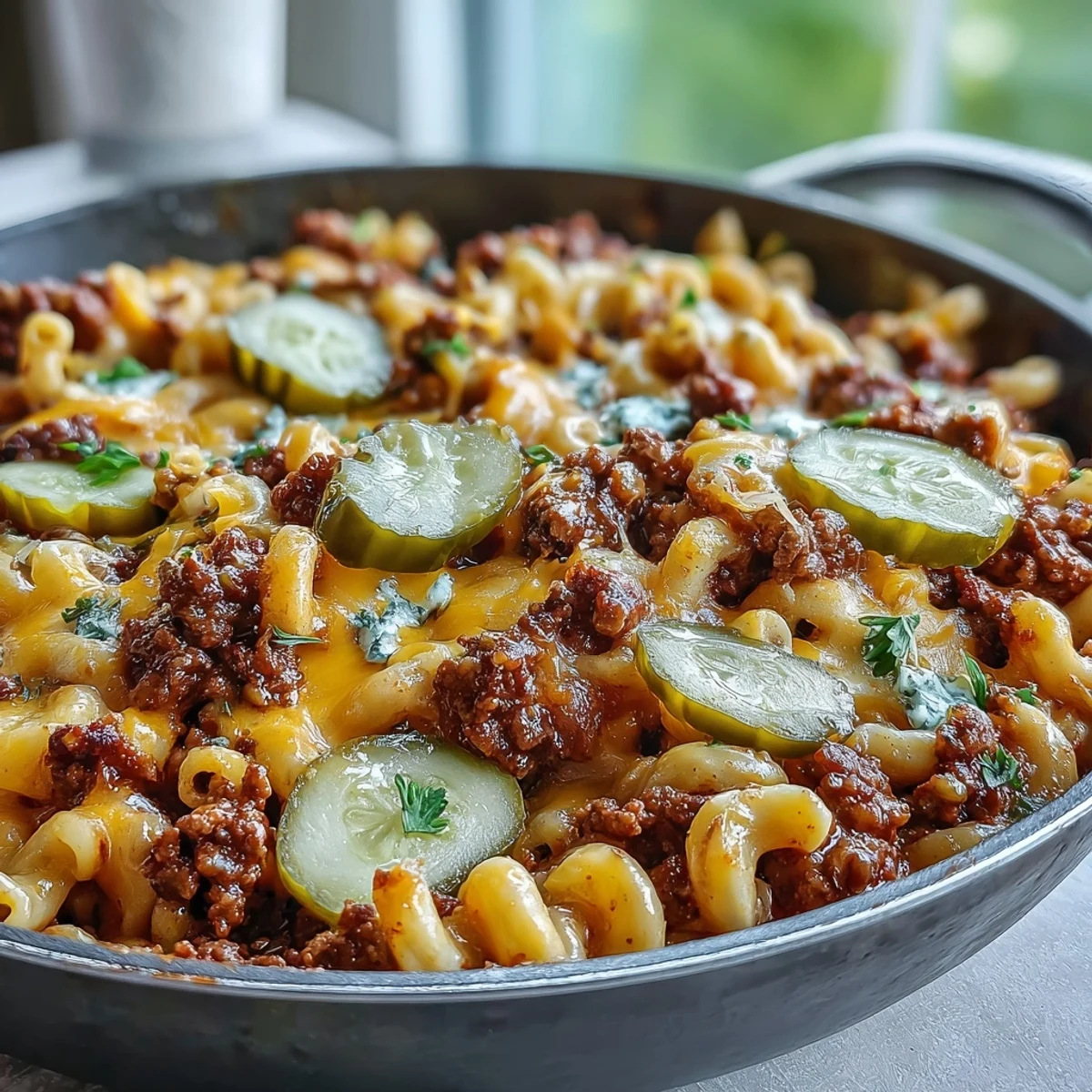 Forkful of cheesy One-Pan Cheeseburger Chili Mac served in a bowl with ketchup and mustard drizzle.