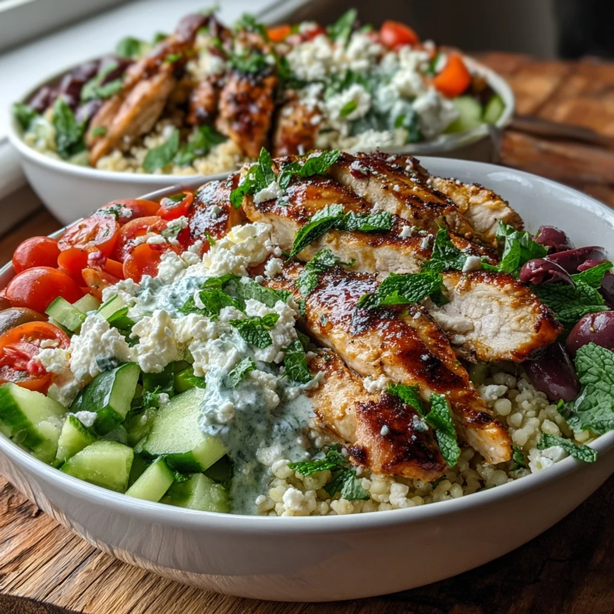 Golden seared lemon-feta chicken strips rest on Mediterranean Pearl Couscous Chicken Bowls with bright cherry tomatoes and olives.