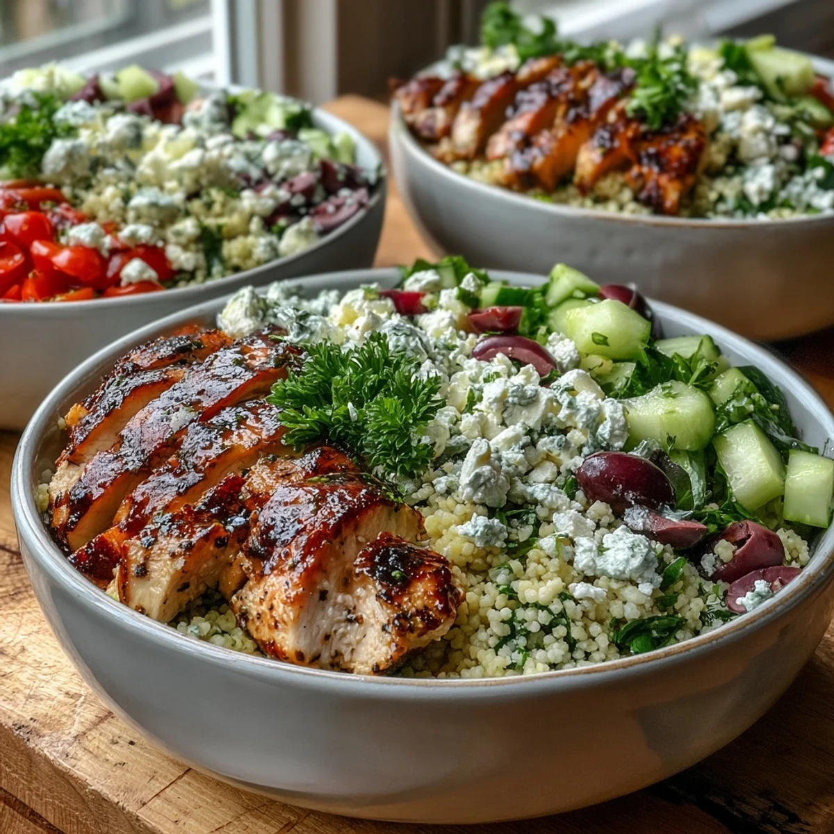 Freshly prepared Mediterranean Pearl Couscous Chicken Bowls display herby couscous, diced cucumbers, red peppers, and crumbled feta.