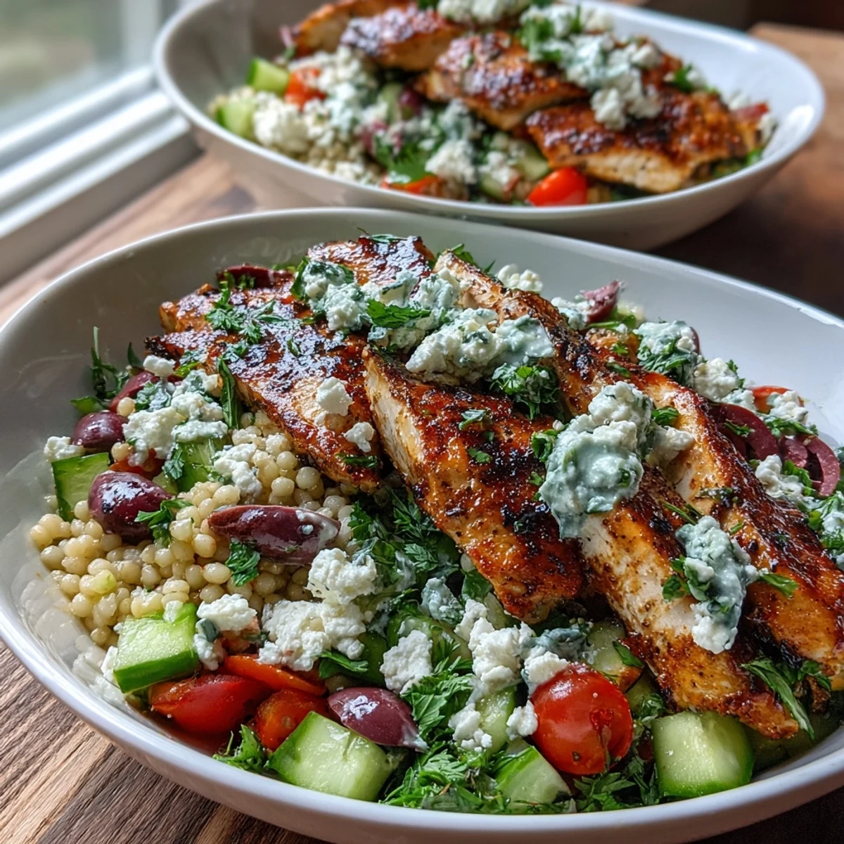 Sizzling Mediterranean Pearl Couscous Chicken Bowls served in a white bowl, topped with mint, parsley, and a lemony drizzle.
