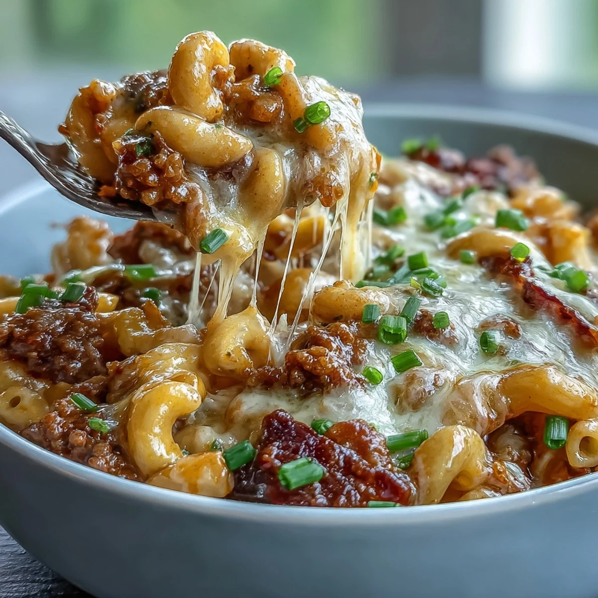 Cheesy One-Pan Cheeseburger Chili Mac with ground beef and pasta, served straight from the skillet.