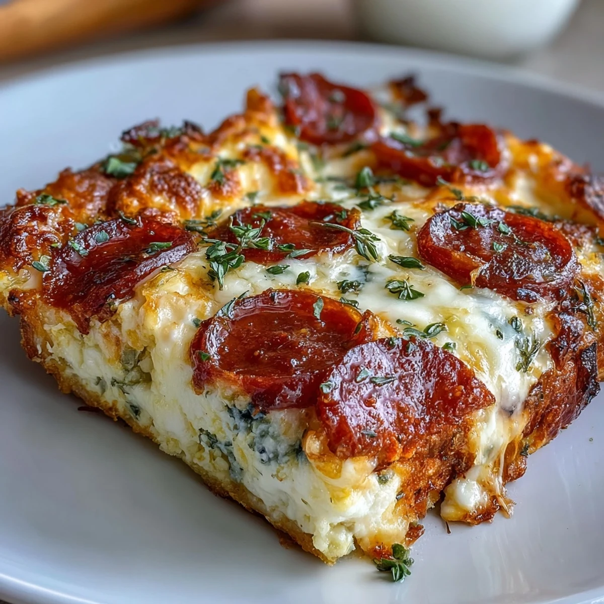 A slice of the savory High-Protein Pizza Breakfast Casserole reveals fluffy eggs on a yogurt dough crust.