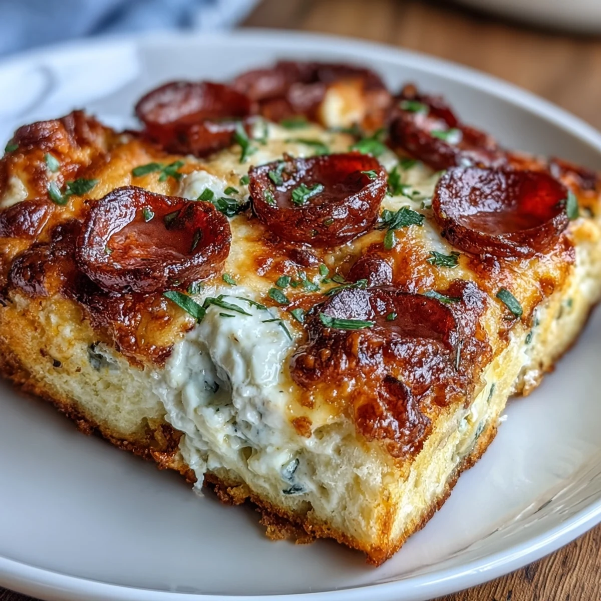 Freshly baked High-Protein Pizza Breakfast Casserole with golden, bubbly cheese and turkey pepperoni topping.