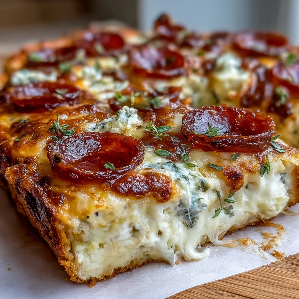 Dinner plate featuring the High-Protein Pizza Breakfast Casserole, served warm with fresh parsley garnish.