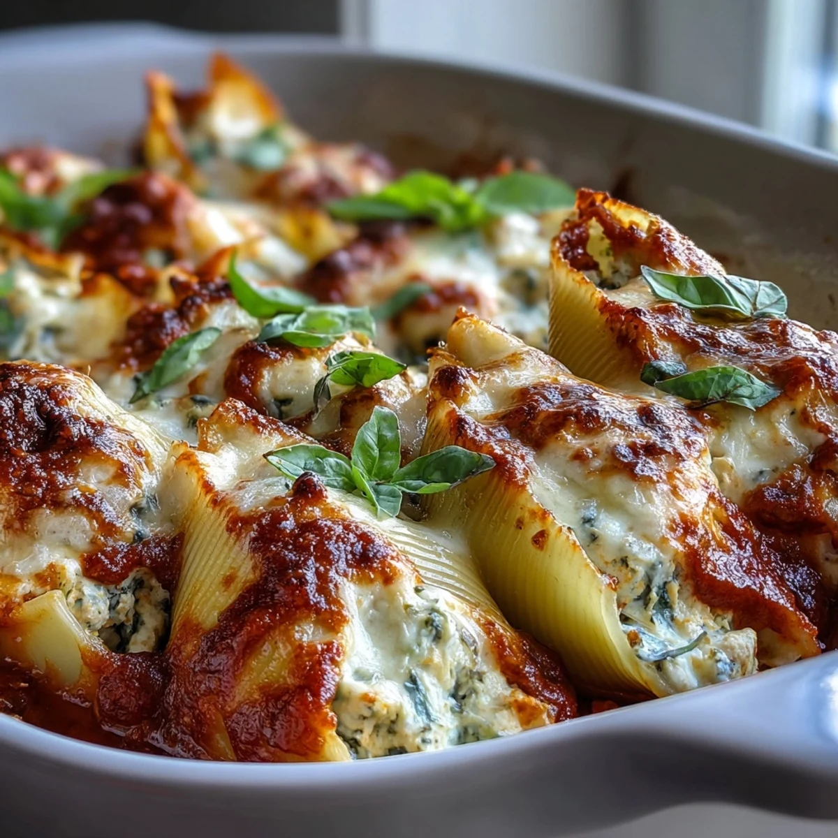 Golden brown Pesto Chicken Stuffed Shells Lite bubbling in a ceramic dish, topped with fresh basil.