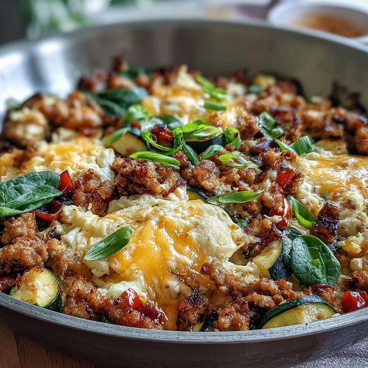 Steaming Keto Sausage and Veggie Breakfast Scramble with fluffy eggs and vibrant peppers in a skillet.