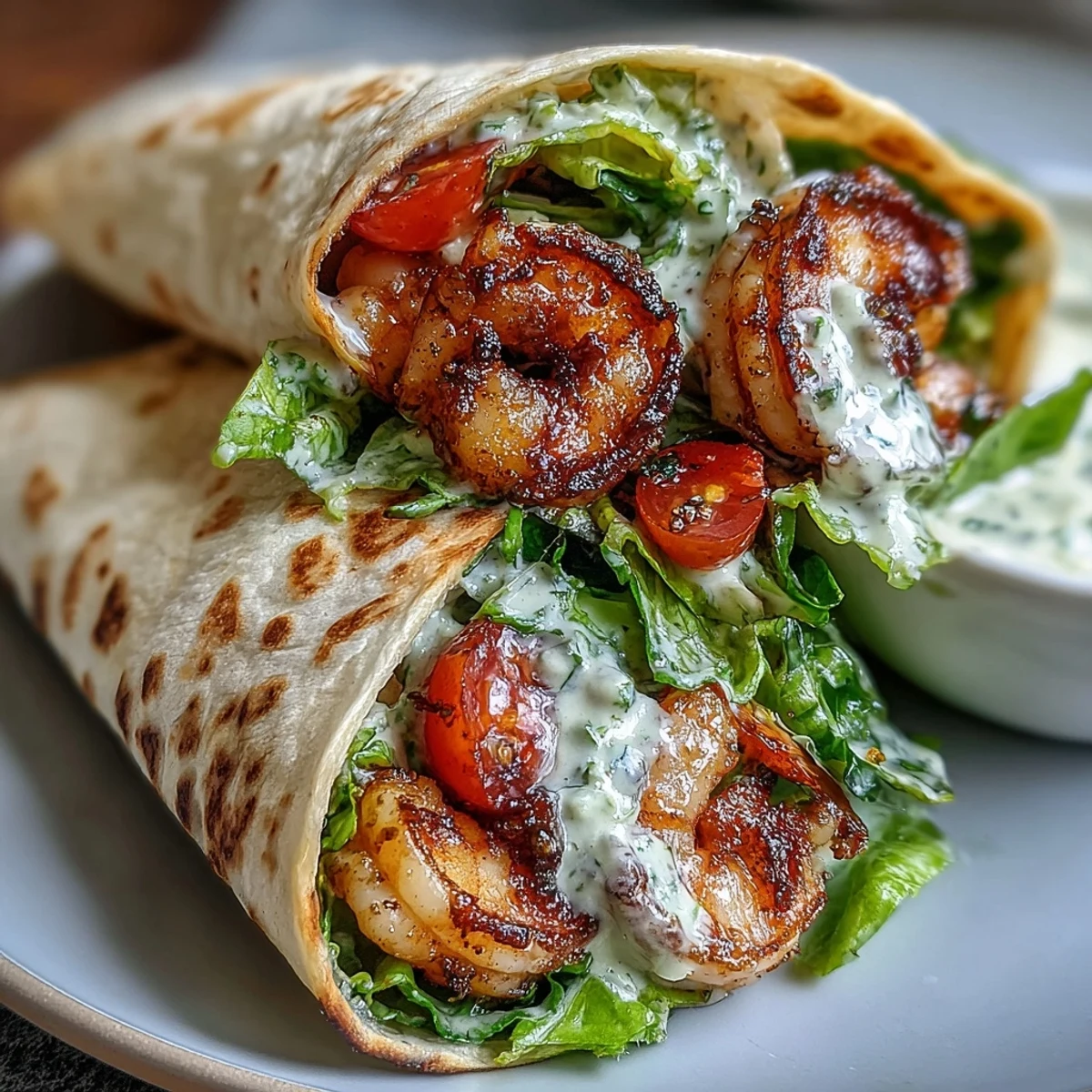 Grilled Shrimp Caesar Wraps stuffed with crisp romaine, juicy grilled shrimp, and creamy Caesar dressing in a warm tortilla.