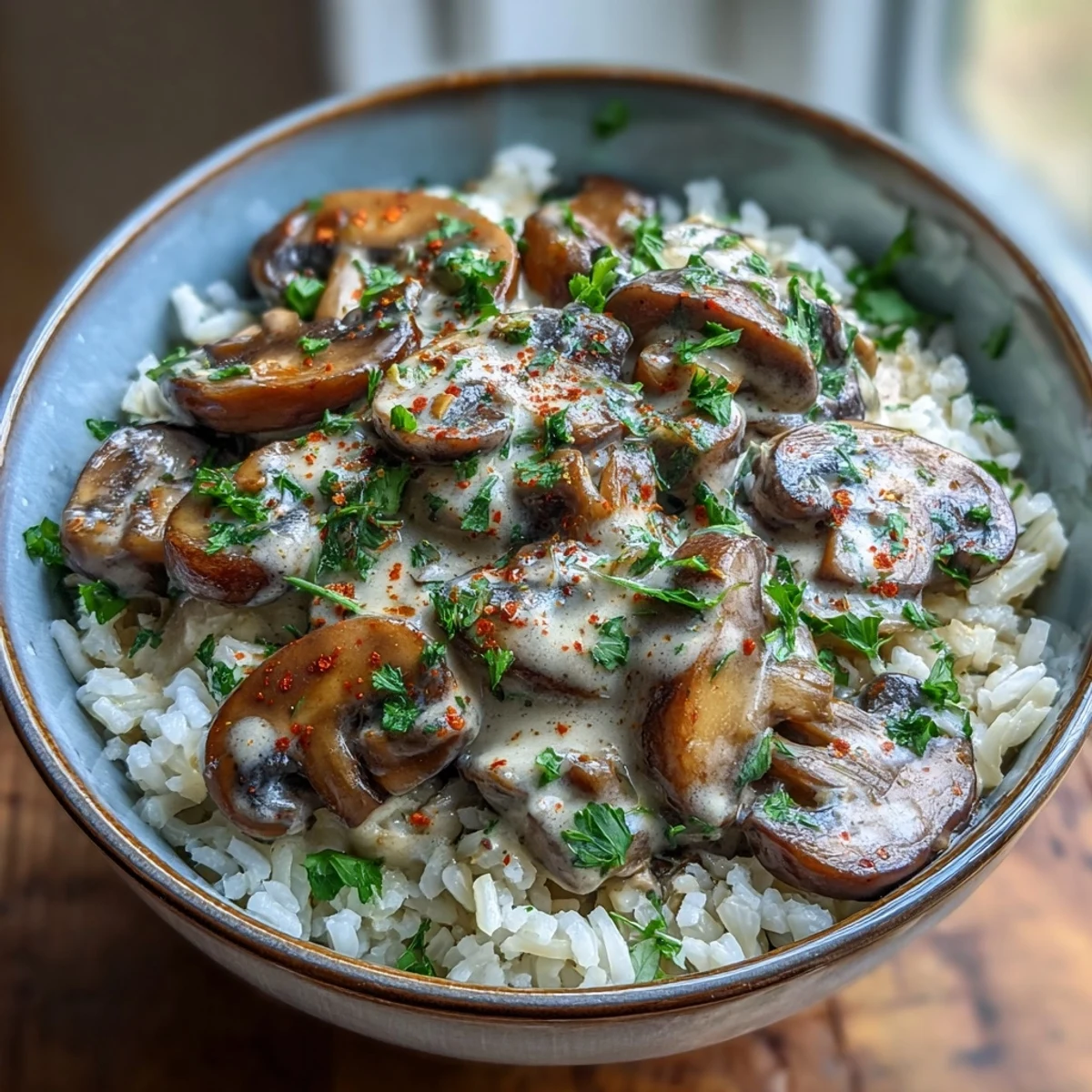 Creamy Vegan Mushroom Stroganoff with thyme and garlic spooned over fluffy brown rice in a white bowl.
