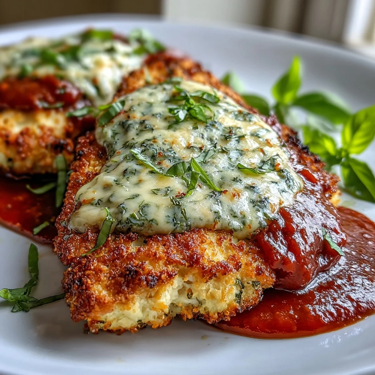 Sliced Keto Baked Chicken Parmesan revealing juicy interior, served with zucchini noodles and fresh basil.