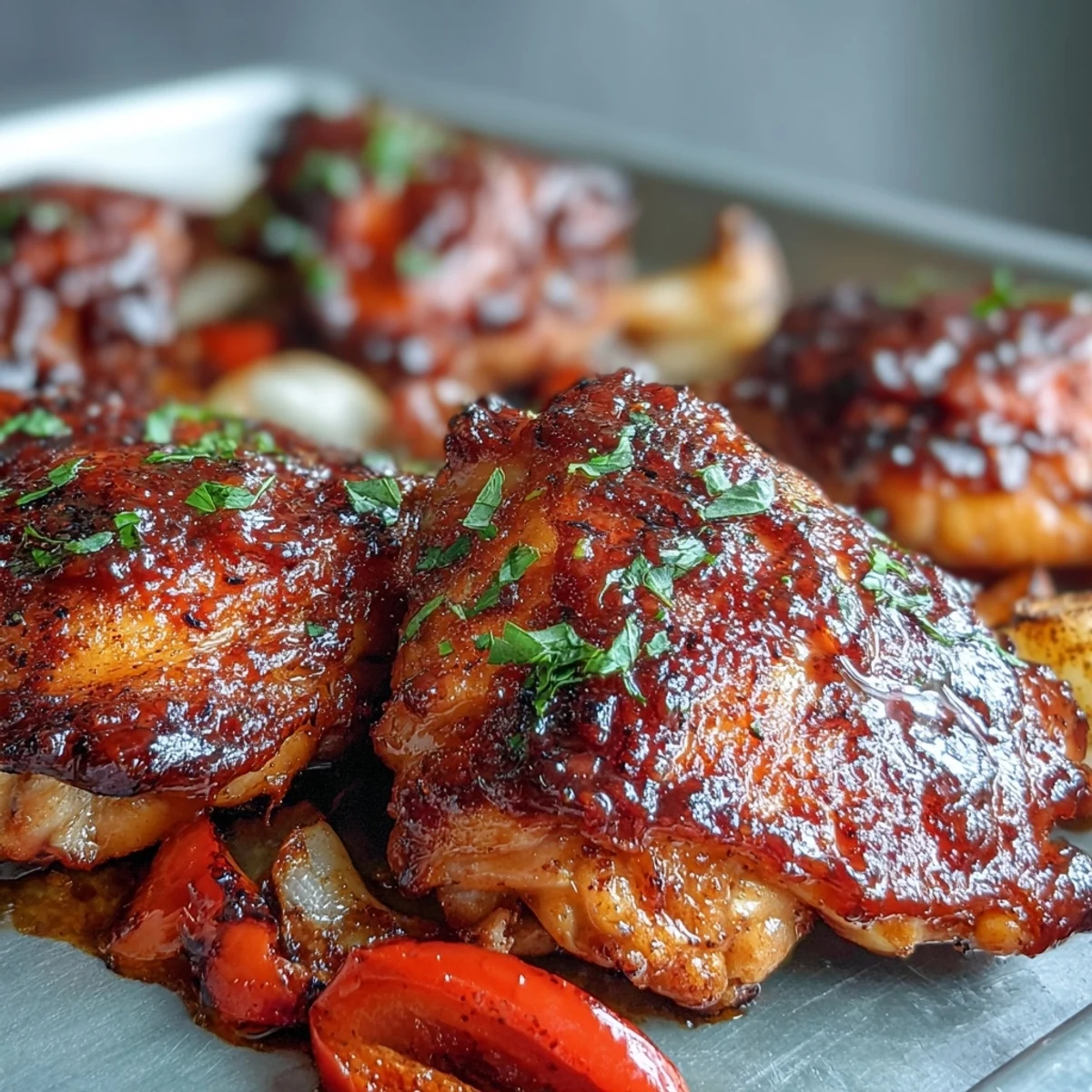 Sheet Pan BBQ Chicken with Corn on the Cob and Peppers roasted to caramelized perfection with smoky BBQ glaze.