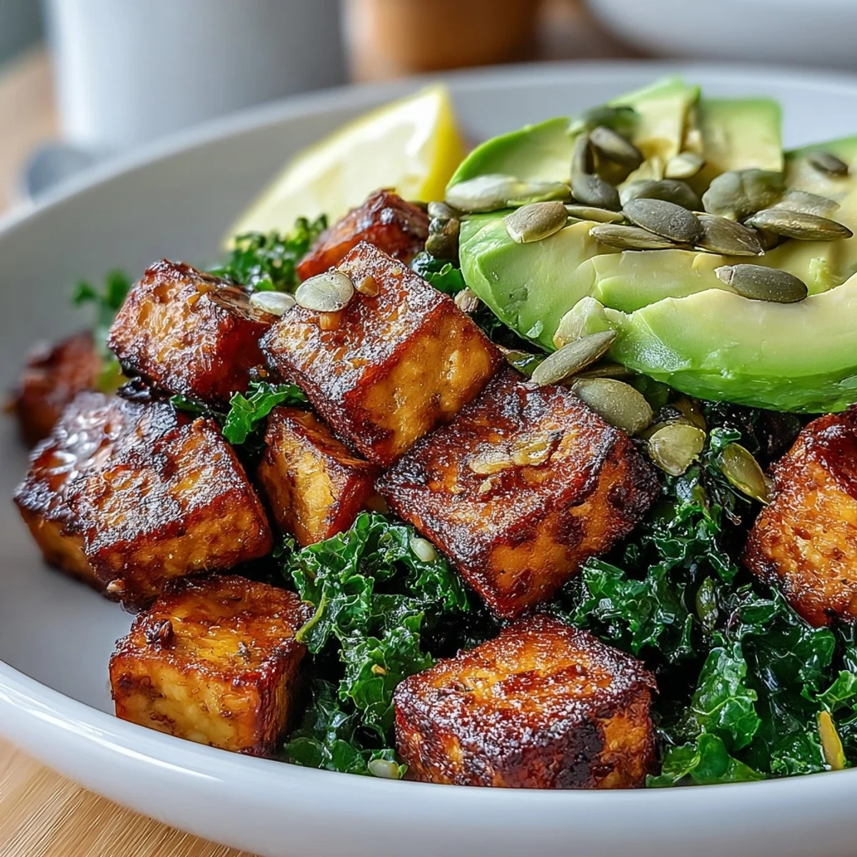 Wholesome tofu breakfast bowl with golden tofu cubes, sautéed kale, and creamy avocado slices, perfect for a healthy vegan start.