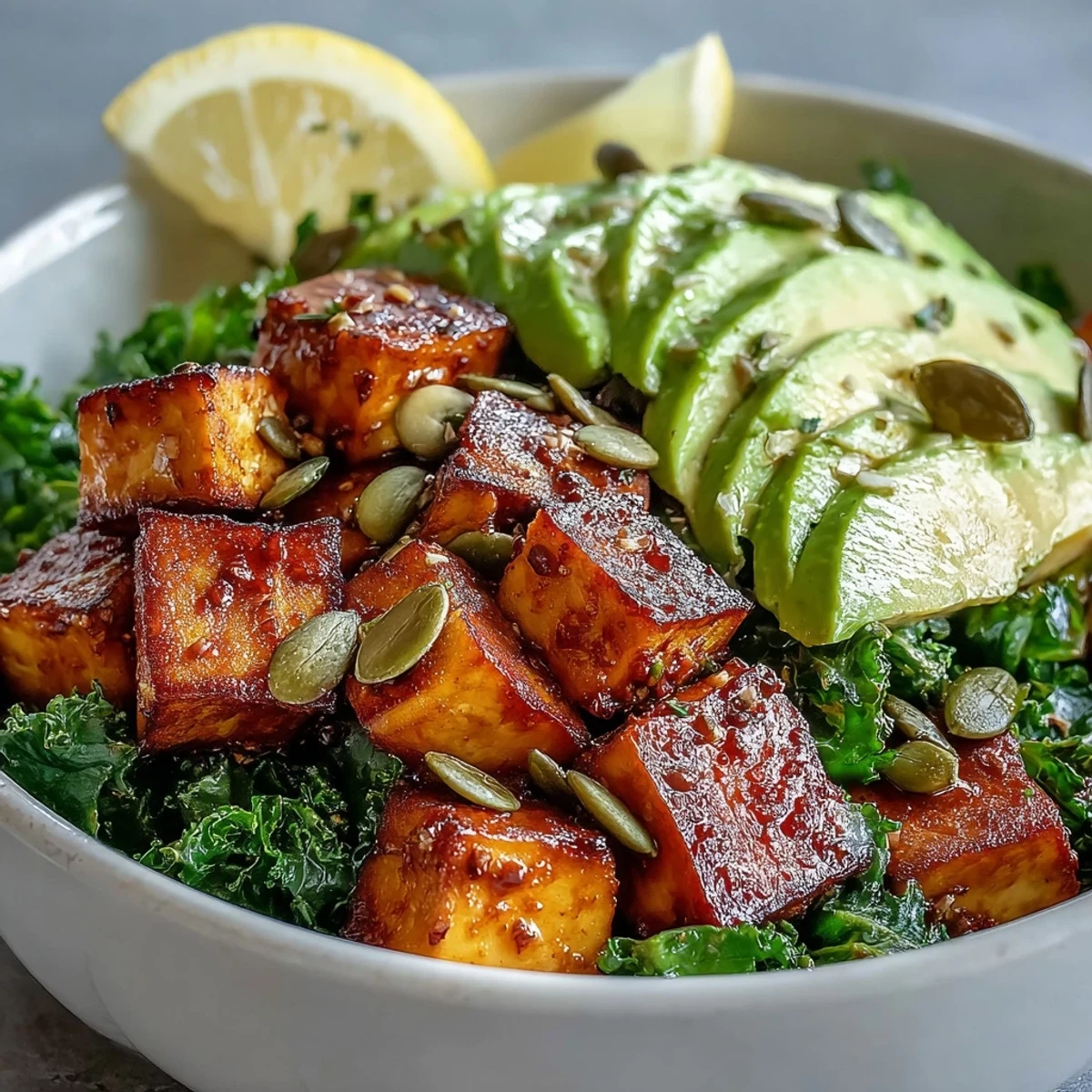 Colorful vegan breakfast bowl featuring turmeric-spiced tofu, fresh kale, and ripe avocado, topped with green onions and pumpkin seeds.
