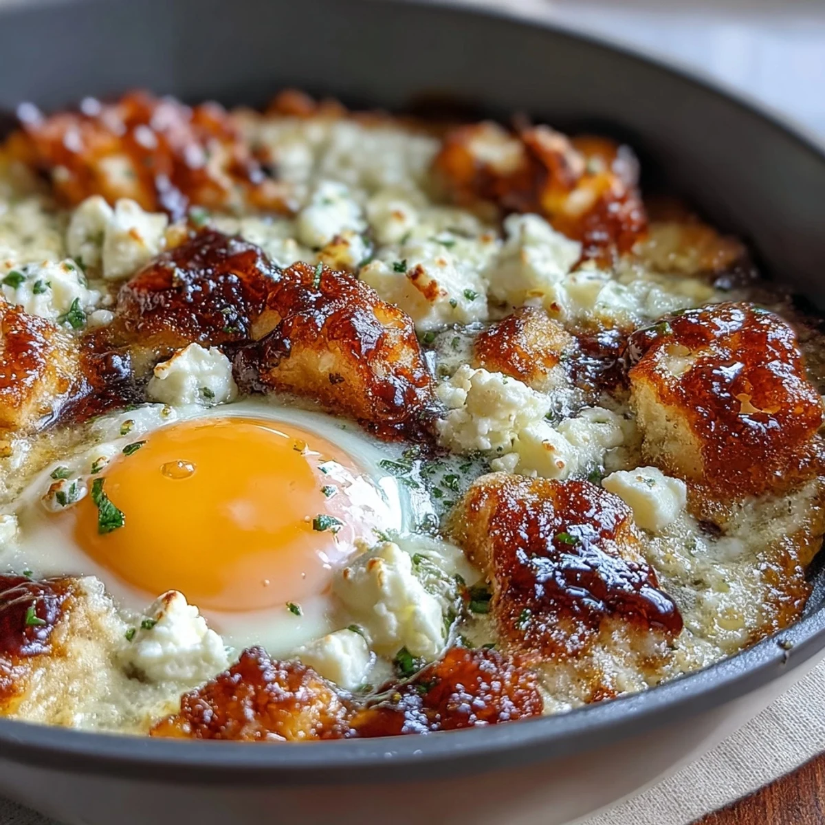 Crispy feta fried eggs sizzle in olive oil with golden cheese crisping at the edges and runny yolks on top.