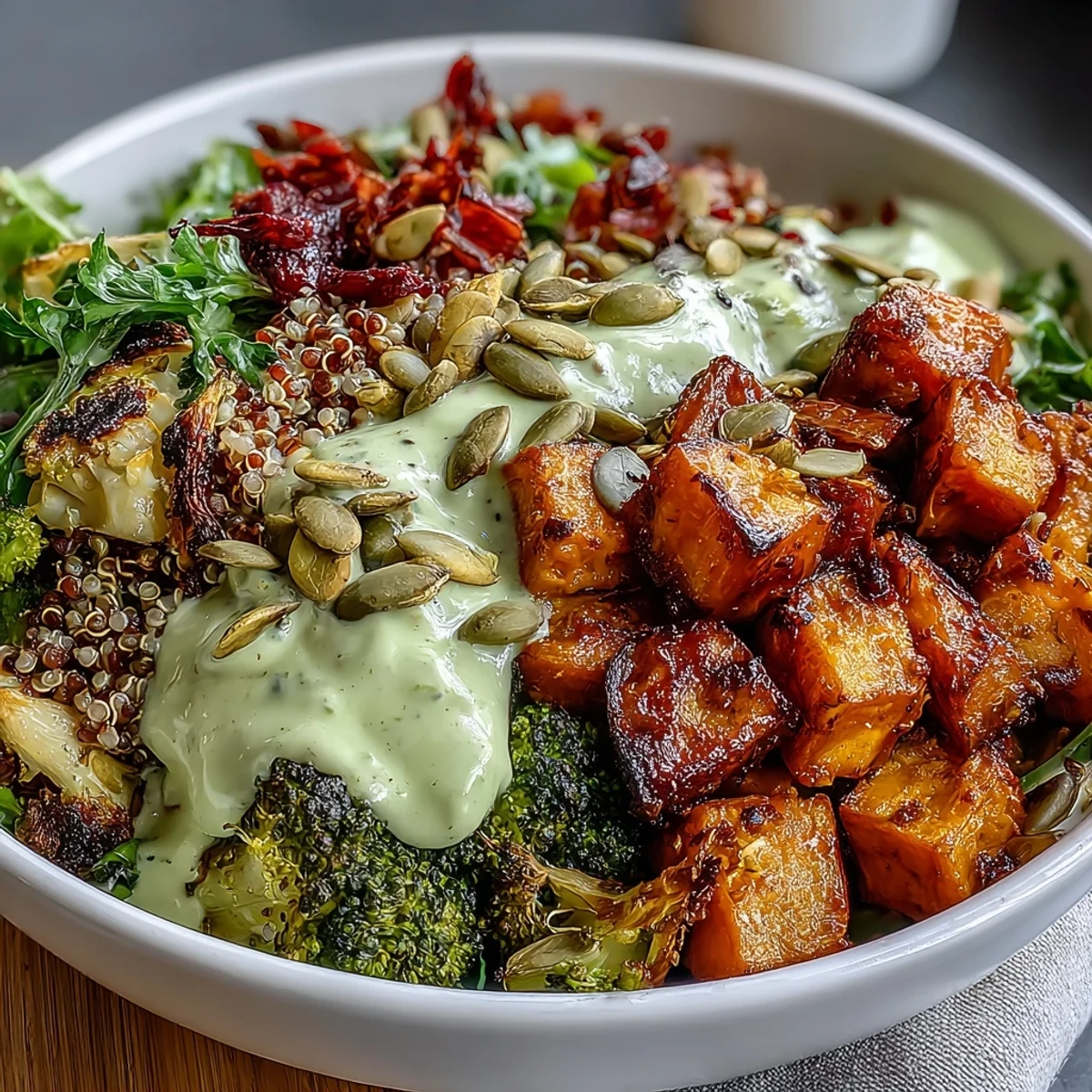 Vibrant vegan Buddha bowl with roasted sweet potatoes, broccoli, and creamy green goddess avocado dressing.  