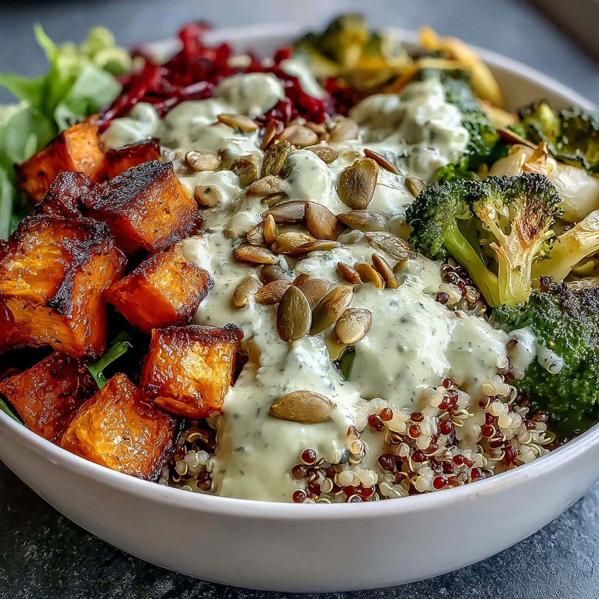 Hearty quinoa and chickpea Buddha bowl topped with colorful roasted vegetables and herby avocado dressing.  