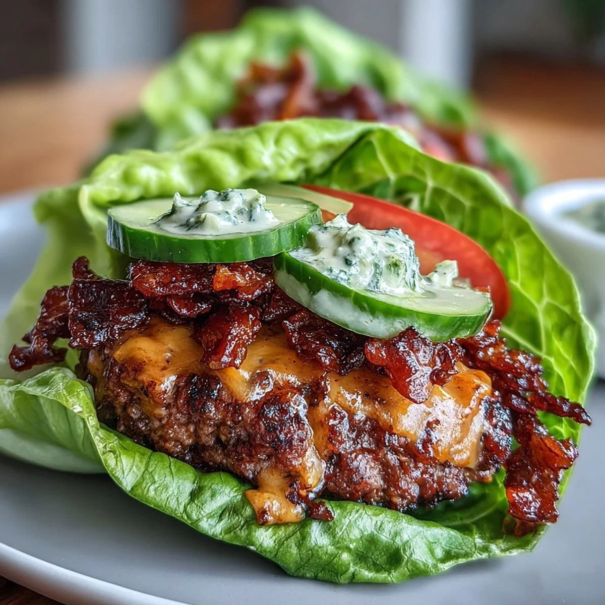 Juicy cheeseburger patties nestled in crisp lettuce leaves, topped with tangy pickles and a creamy keto-friendly secret sauce for a satisfying low-carb meal.  