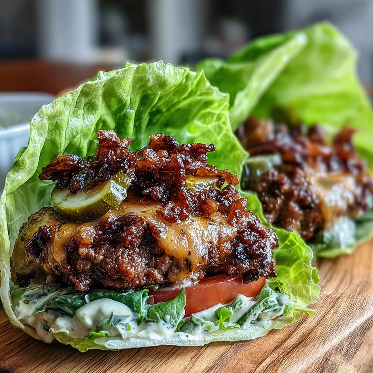 Savory beef patties with gooey cheese and zesty secret sauce, all tucked into crunchy lettuce wraps—perfect for a keto-friendly twist on classic cheeseburgers.