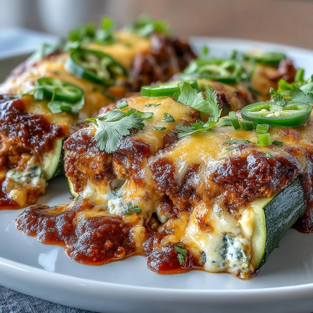 Keto chicken enchilada zucchini boats baked with melty cheese and tender zucchini halves, topped with fresh cilantro and jalapeño slices.