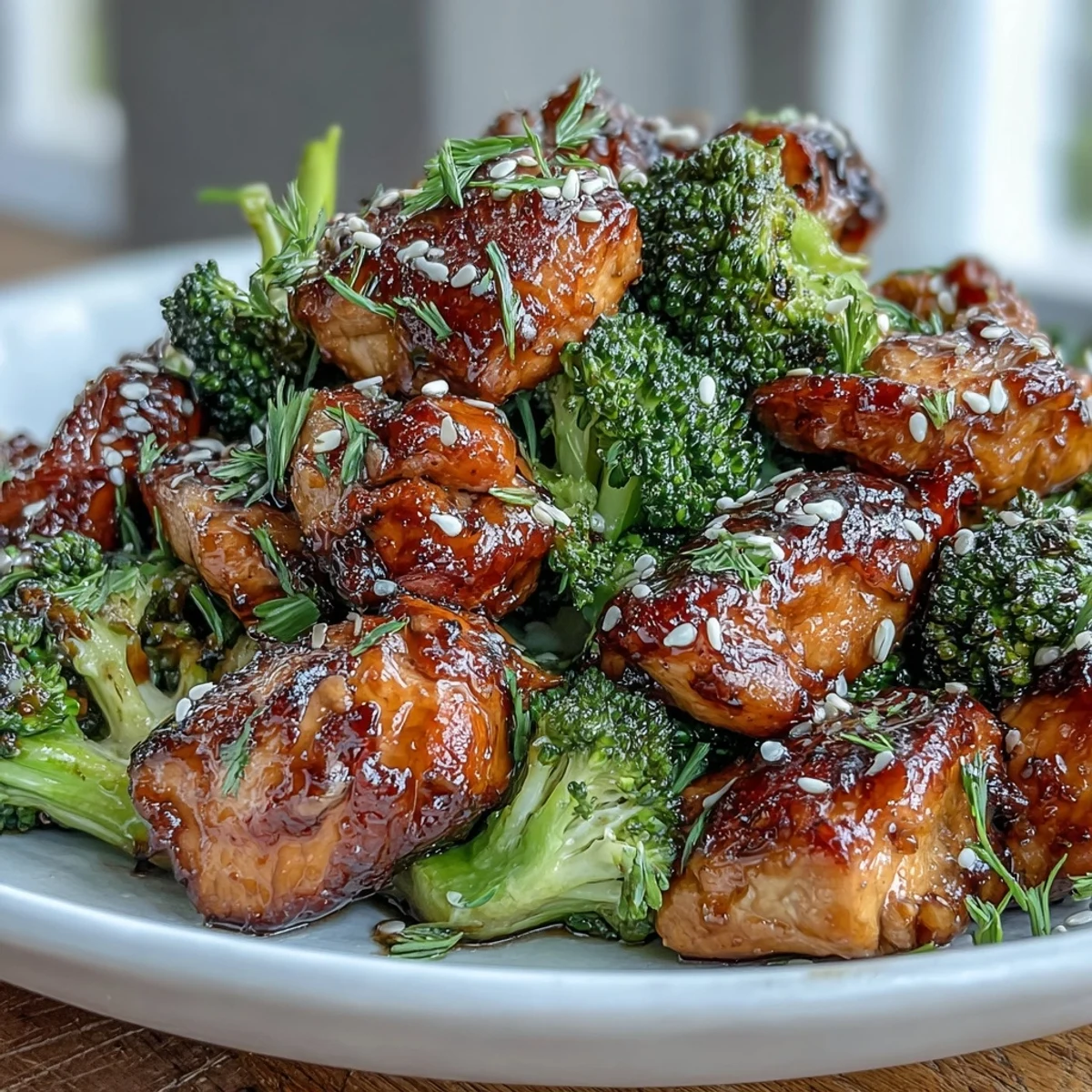 Vibrant sheet pan teriyaki chicken and broccoli served over fluffy brown rice, glazed in a glossy homemade sauce.  