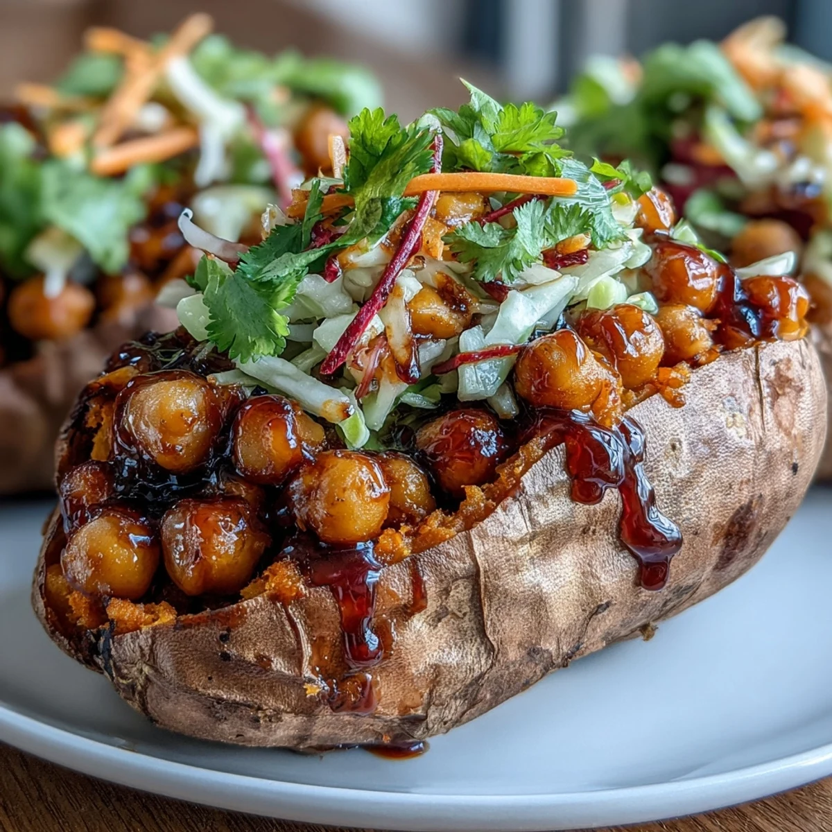 Vegan BBQ Chickpea Stuffed Sweet Potatoes with Slaw - tender roasted sweet potatoes loaded with smoky BBQ chickpeas and topped with crisp, tangy slaw for a hearty plant-based dinner.