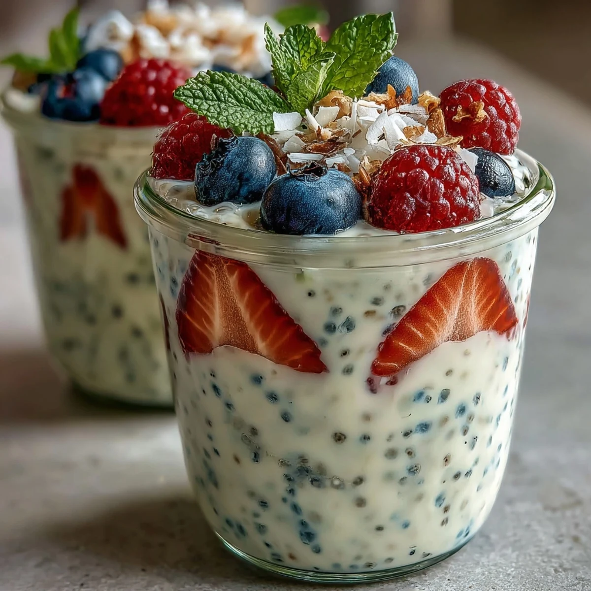 Creamy chia pudding topped with bright mixed berries and coconut flakes, an easy gluten-free and dairy-free breakfast treat.