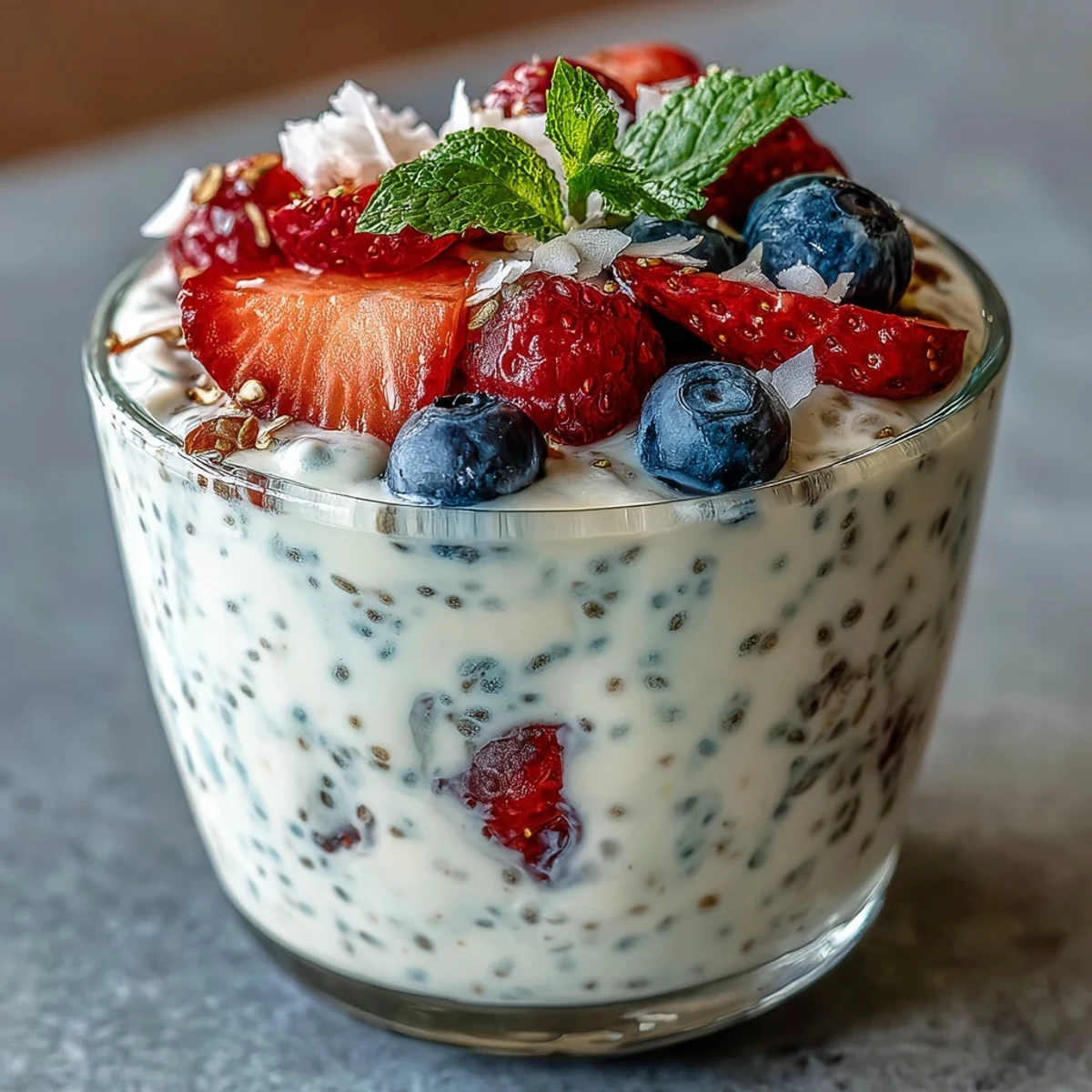 Make-ahead vegan chia pudding cups featuring juicy summer berries, perfect for healthy breakfast or snack meal prep.  