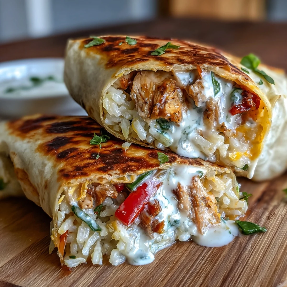A warm, cheesy Chicken Bell Pepper Ranch Burrito with tender chicken, colorful peppers, and ranch dressing wrapped in a soft tortilla.