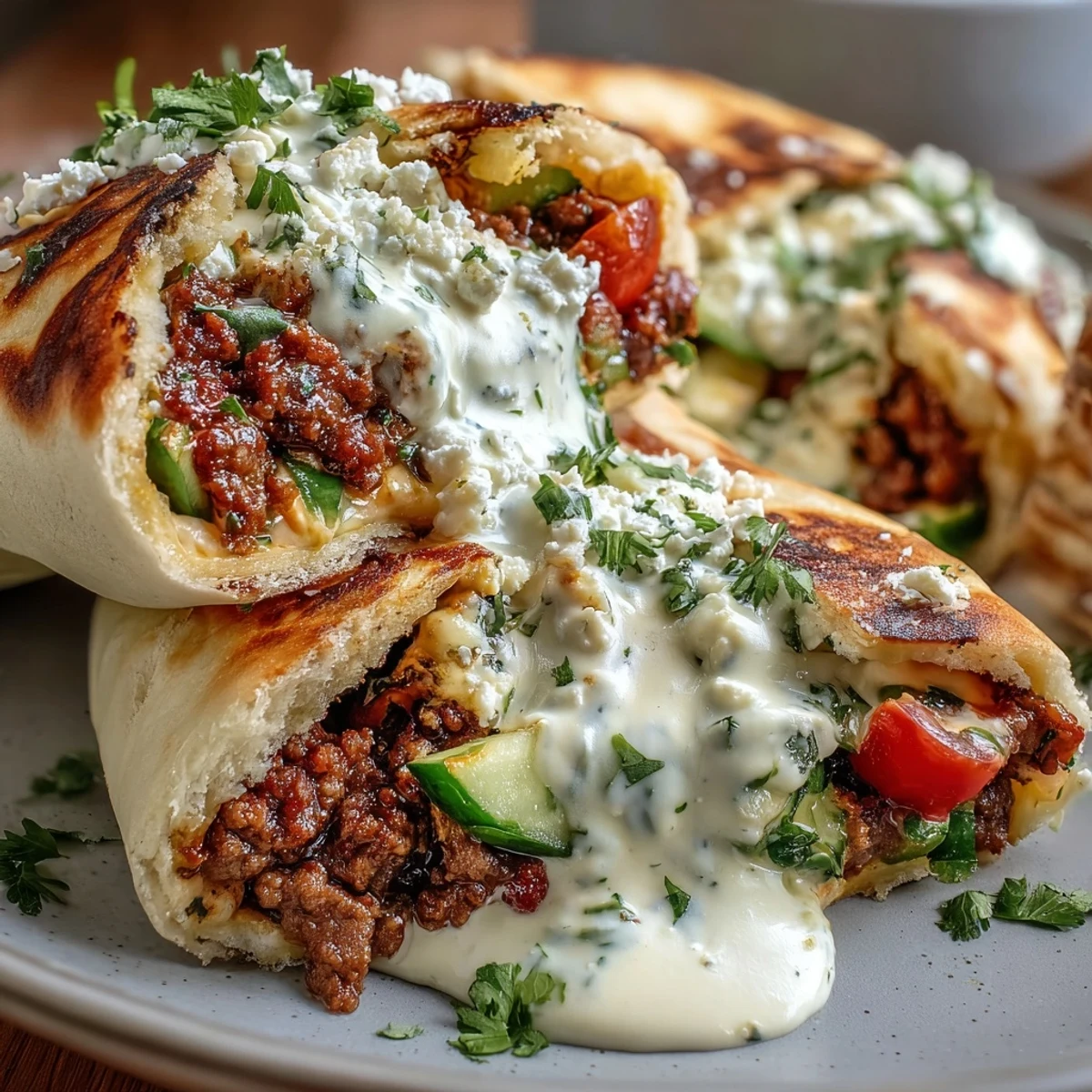 Warm pita pockets stuffed with savory Mediterranean ground beef, crisp cucumbers, juicy tomatoes, tangy feta, and creamy yogurt sauce for a fresh, handheld meal.