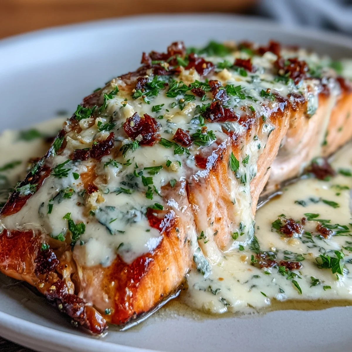 Tender salmon fillets in a tangy lemon butter sauce with cream cheese, baked to flaky perfection and golden edges.  