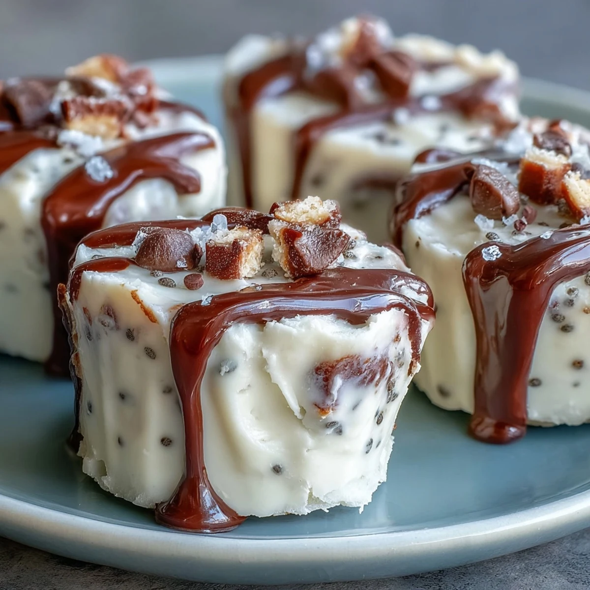 Creamy Greek yogurt and peanut butter bites, frozen and topped with chocolate chips for a protein-packed snack.  