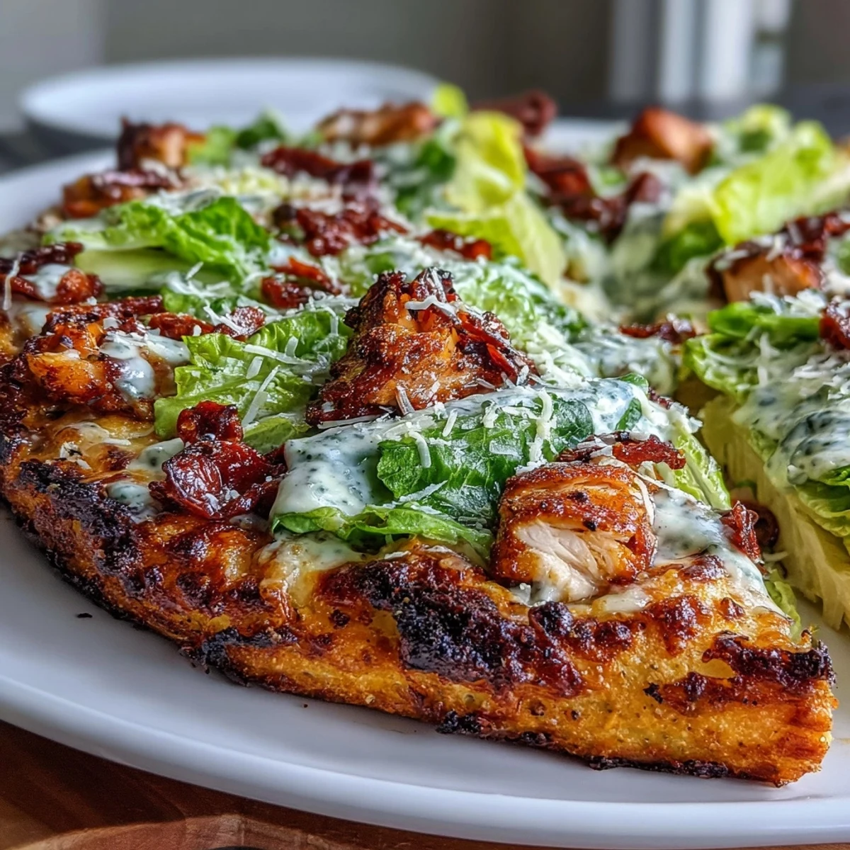 Protein-packed pizza alternative with a golden chicken crust layered with romaine, creamy Caesar dressing, and tangy sun-dried tomatoes.  