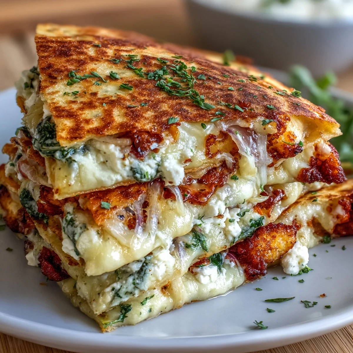 Warm, golden quesadillas bursting with Mediterranean flavors, featuring melty mozzarella, tangy feta, and fresh spinach for a satisfying vegetarian meal.